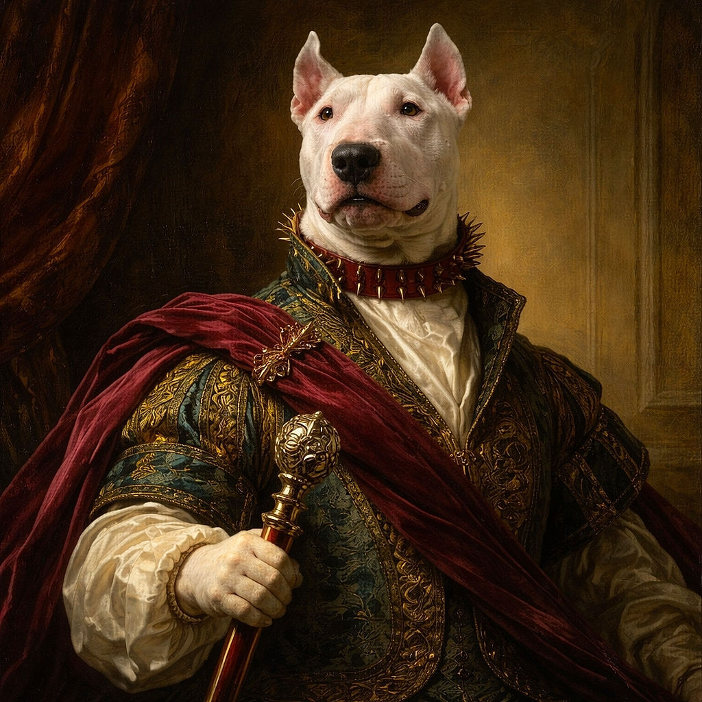 A proud white Bull Terrier lounges in a lush green field under a partly cloudy blue sky, sporting a fierce spiked collar that contrasts humorously with its calm and regal expression.