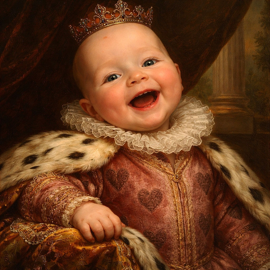 A gleeful baby lounges on a blue play mat in a heart‑covered brown fleece, mouth open in a delighted laugh while a colorful toy peeks in from the top corner — pure tiny-terror-of-cuteness energy.