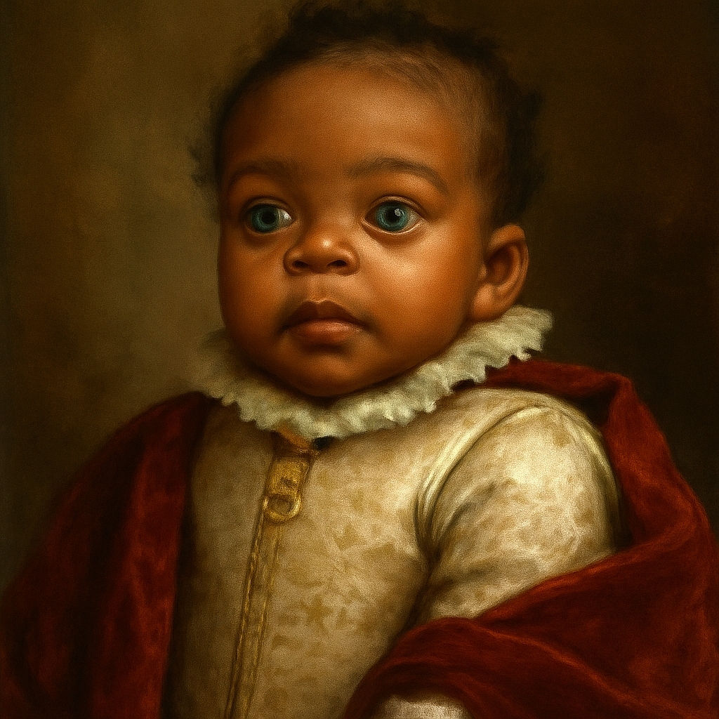 A close-up shot of an adorable baby with wide, curious eyes and slightly parted lips, wearing a cozy white outfit with starfish and seashell patterns. The baby's expression is a mix of wonder and surprise, with soft lighting highlighting the smooth skin and delicate features.