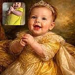 A cheerful baby dressed in a bright yellow onesie is lying on a white bed, clasping their hands together with a big smile and sparkling eyes, radiating pure joy and innocence.