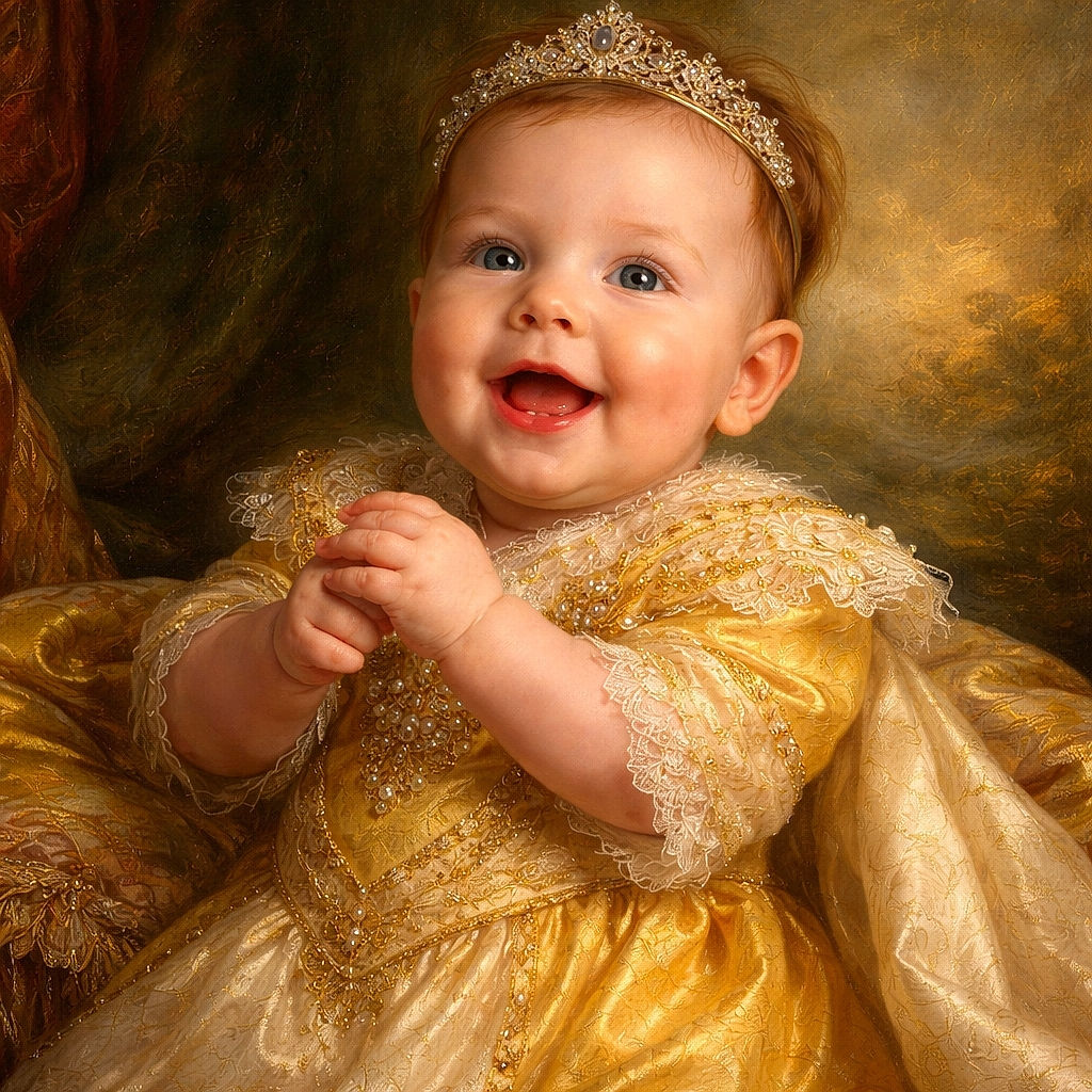 A cheerful baby dressed in a bright yellow onesie is lying on a white bed, clasping their hands together with a big smile and sparkling eyes, radiating pure joy and innocence.
