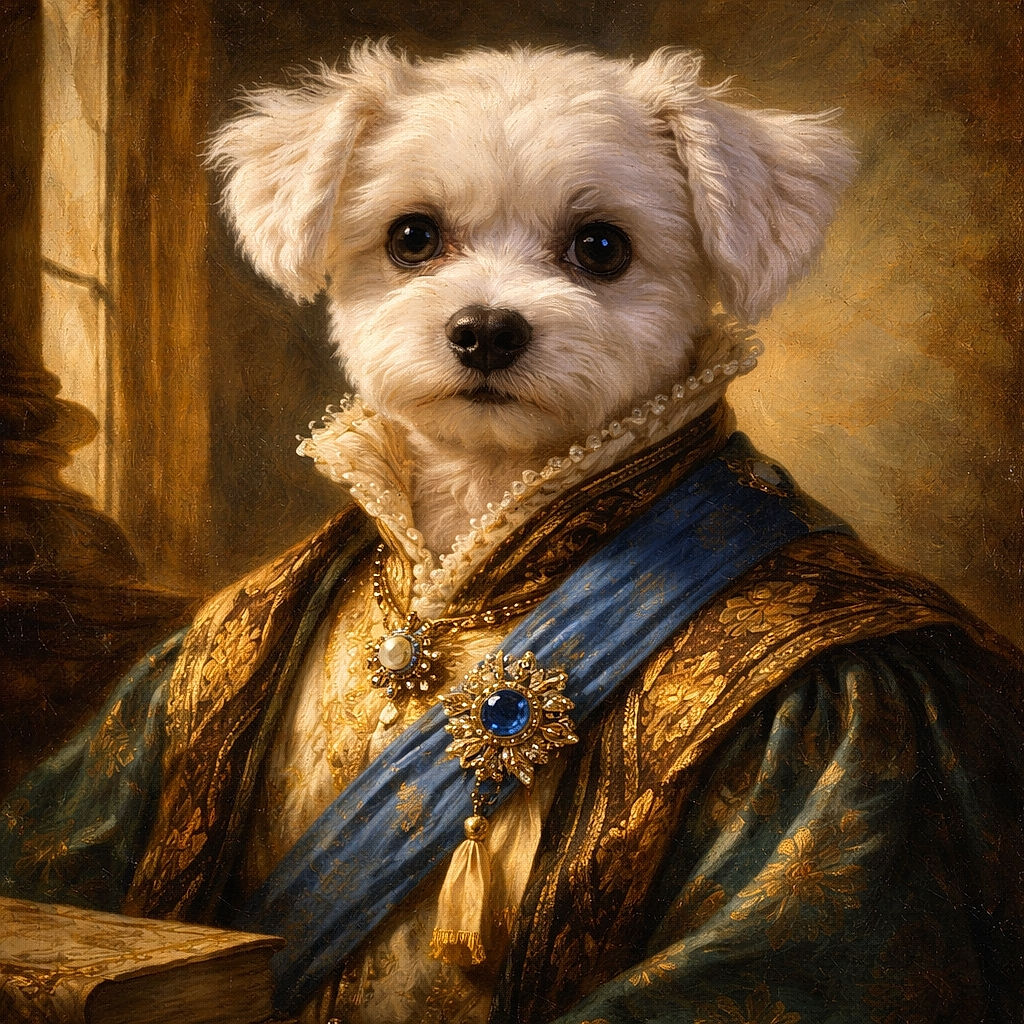 A fluffy white dog with big, soulful eyes holds a colorful blue and yellow toy in its mouth, looking adorably innocent and ready for playtime on a cozy textured surface with a soft, blurred background.