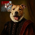 A happy dog with its tongue out sits on a bed covered with patterned pillows and blankets, looking directly at the camera with an expression full of joy and excitement. The background features a red curtain and a window, creating a cozy indoor setting.