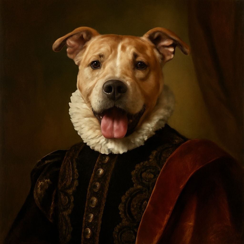 A happy dog with its tongue out sits on a bed covered with patterned pillows and blankets, looking directly at the camera with an expression full of joy and excitement. The background features a red curtain and a window, creating a cozy indoor setting.