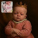 A cozy baby bundled up in a pink onesie with floral patterns, being gently held by an adult. The baby has a slightly sleepy or contemplative expression, with a soft, neutral background that keeps the focus on the infant's delicate features.