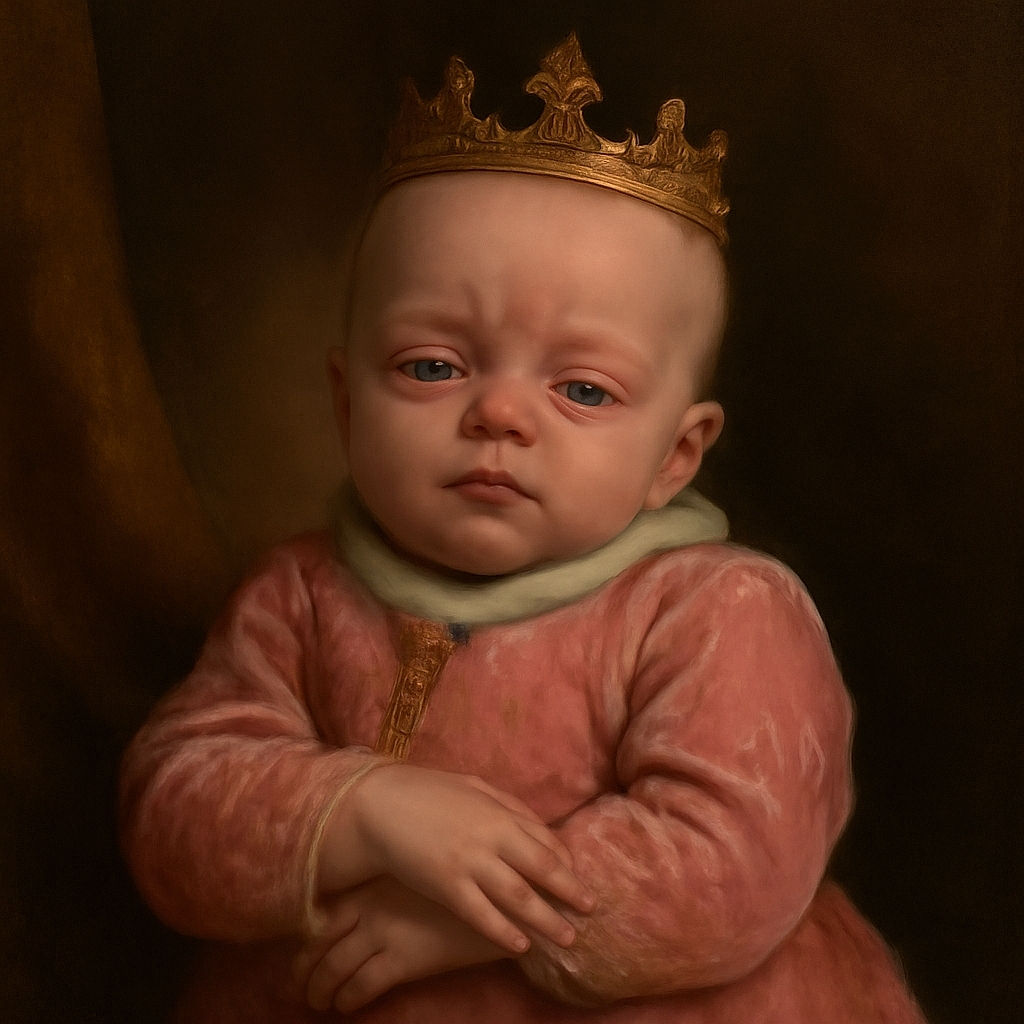 A cozy baby bundled up in a pink onesie with floral patterns, being gently held by an adult. The baby has a slightly sleepy or contemplative expression, with a soft, neutral background that keeps the focus on the infant's delicate features.