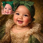 A close-up of an adorable baby with chubby cheeks and sparkling eyes, wearing a large green bow headband and a soft pink outfit, flashing a joyful smile that reveals tiny teeth, with a warm bokeh background adding a magical glow.