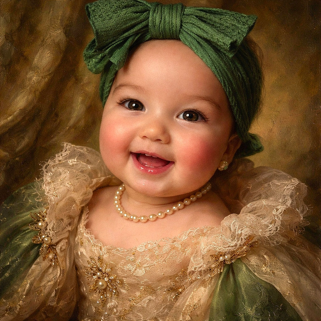 A close-up of an adorable baby with chubby cheeks and sparkling eyes, wearing a large green bow headband and a soft pink outfit, flashing a joyful smile that reveals tiny teeth, with a warm bokeh background adding a magical glow.