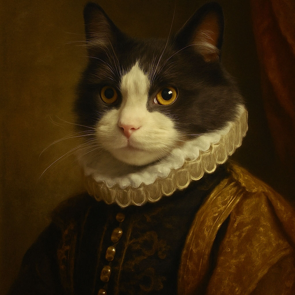 A close-up photo of a black and white cat with striking amber eyes and a pink nose, looking curiously into the camera with its whiskers prominently displayed and a soft, blurred background.