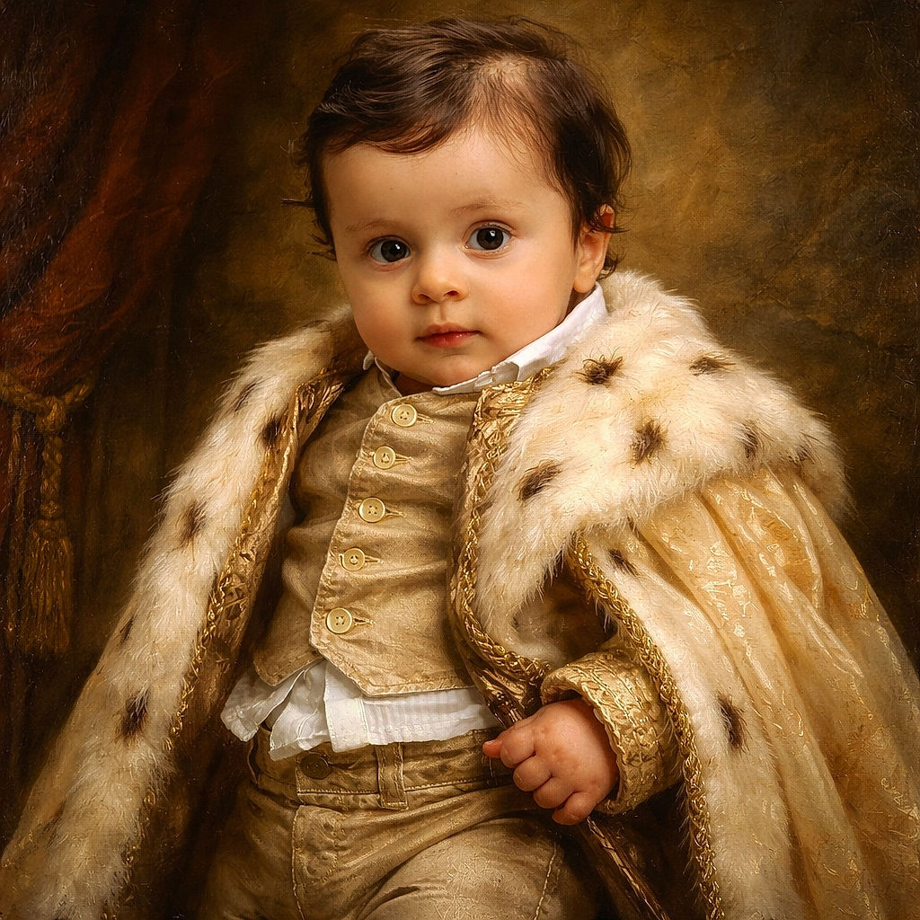 A charming baby with big curious eyes is being held up outdoors, wearing a cozy beige jacket and beige pants, with a soft-focus background of trees and warm sunlight creating a dreamy atmosphere. The hand holding the baby has intricate henna designs, adding an artistic touch to the scene.