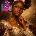 A thoughtful young girl with big glasses and a bright pink bow in her hair poses with a finger near her lips, bathed in soft pink and purple lighting that gives the photo a dreamy, low-light effect.