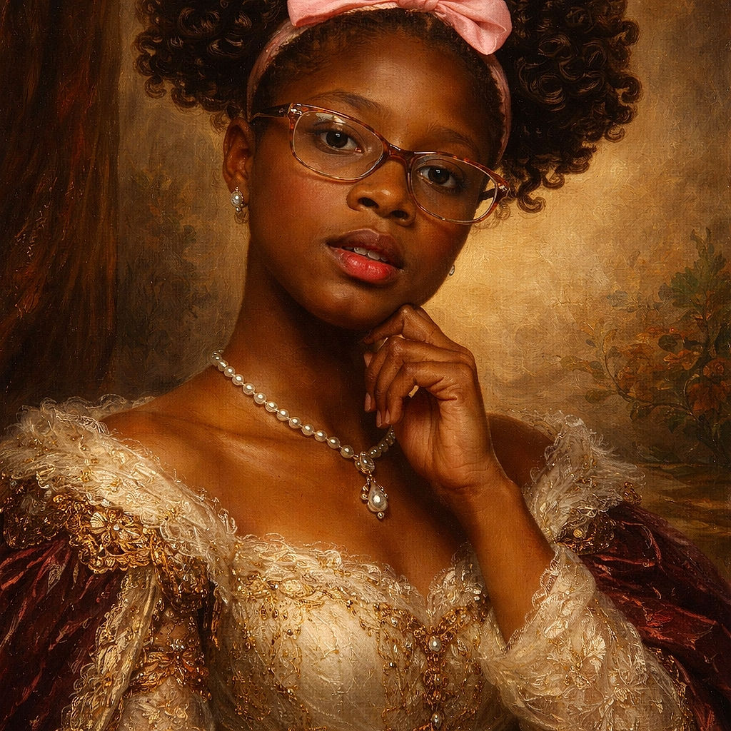 A thoughtful young girl with big glasses and a bright pink bow in her hair poses with a finger near her lips, bathed in soft pink and purple lighting that gives the photo a dreamy, low-light effect.