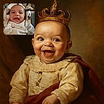 A joyful baby with bright eyes and a wide smile is captured in a cozy setting, wearing a cute outfit with playful prints, surrounded by soft cushions and toys.