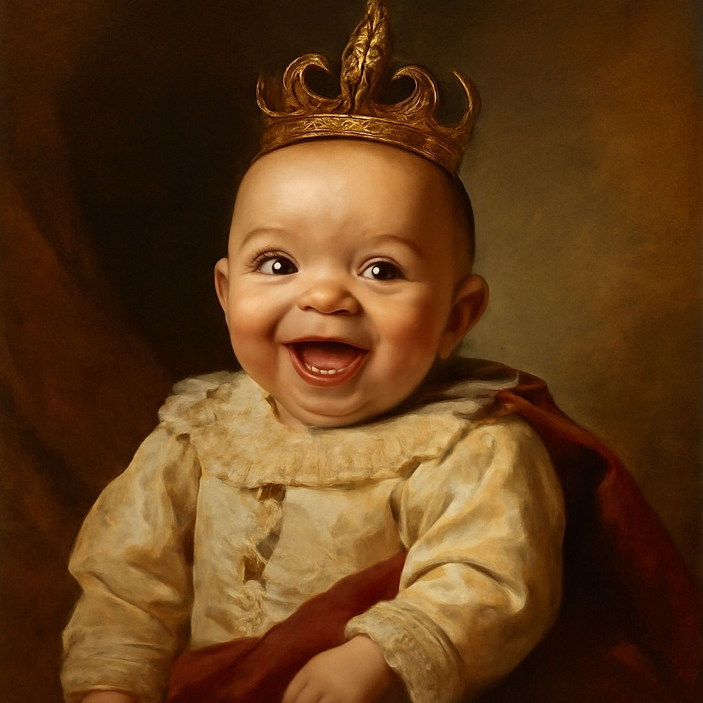 A joyful baby with bright eyes and a wide smile is captured in a cozy setting, wearing a cute outfit with playful prints, surrounded by soft cushions and toys.