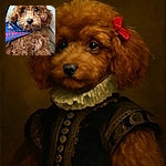 A fluffy brown poodle puppy with big, shiny eyes and pink bows on its ears looks adorably curious while wearing a blue PetSmart bandana, sitting comfortably on someone's lap in a cozy setting.