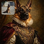 A vigilant German Shepherd sits patiently on a sunny paved street, casting a long shadow. The background features a tree, a concrete wall, and a building with shuttered windows under a clear blue sky, giving a calm suburban vibe.