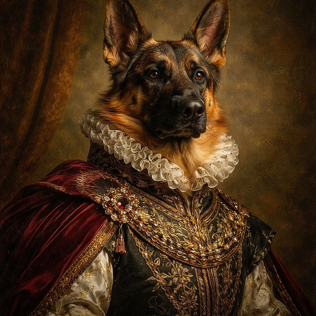A vigilant German Shepherd sits patiently on a sunny paved street, casting a long shadow. The background features a tree, a concrete wall, and a building with shuttered windows under a clear blue sky, giving a calm suburban vibe.
