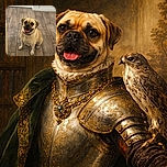 A cheerful dog with a red collar sits happily on a wooden floor in front of a white door, looking up with a big smile and bright eyes, radiating pure joy and friendliness.