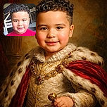 A cheerful young boy with perfectly styled curly hair and a bright red 'ADVENTURE' t-shirt smiles warmly at the camera, set against a cozy indoor background with furniture and a patterned blanket.