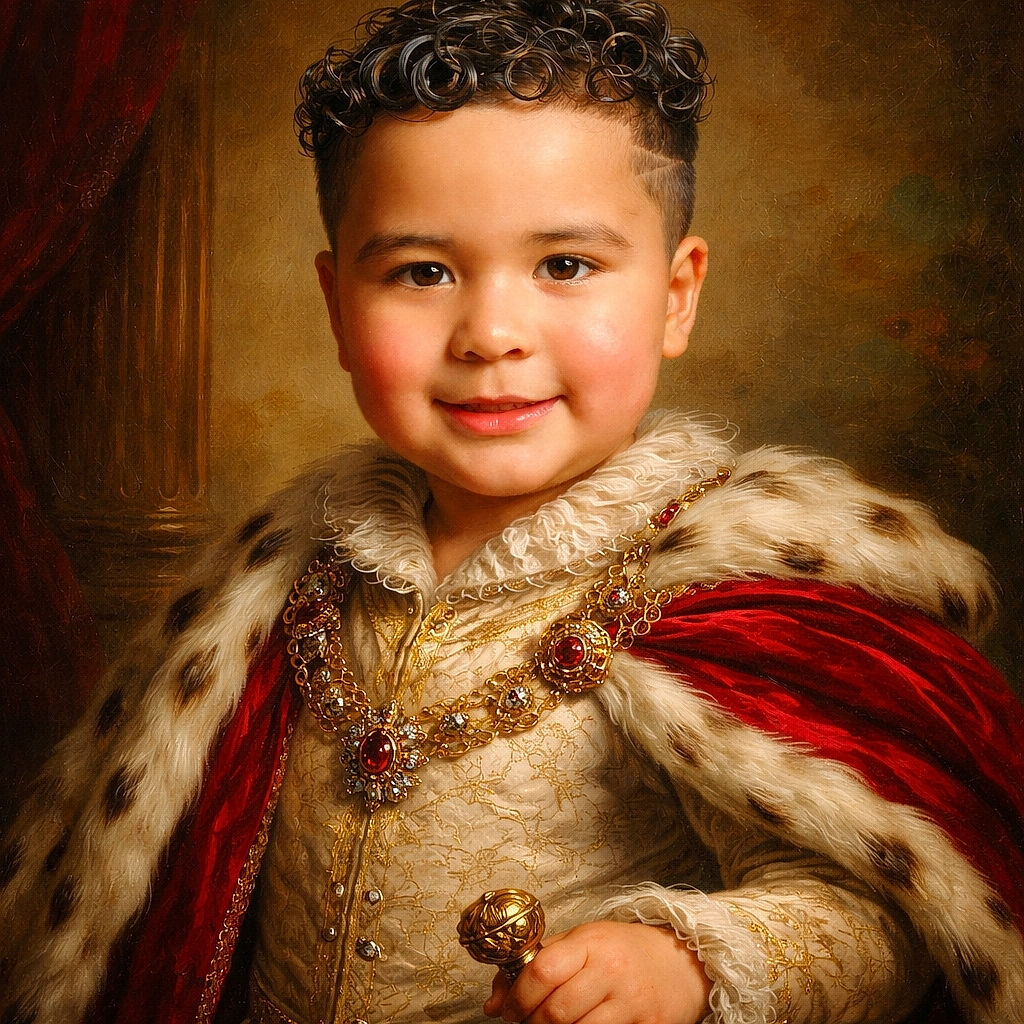 A cheerful young boy with perfectly styled curly hair and a bright red 'ADVENTURE' t-shirt smiles warmly at the camera, set against a cozy indoor background with furniture and a patterned blanket.