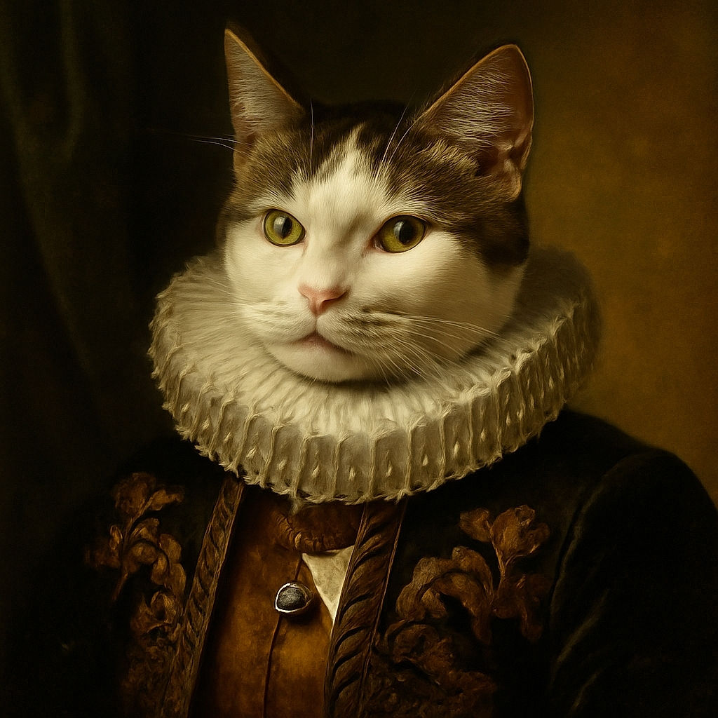 A poised and regal cat lounges elegantly on a patterned couch, staring directly into the camera with calm, inquisitive eyes. The background features a softly blurred lamp and subtle home decor, giving the scene a cozy and intimate vibe.