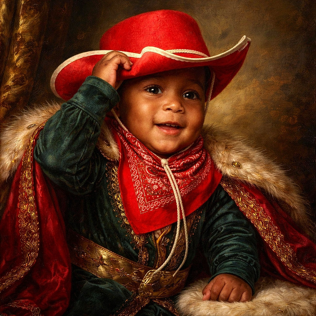 A tiny cowboy-in-training beams at the camera, clutching a red hat and sporting a matching bandana while a whimsical space-themed backdrop streaks comets overhead — vintage studio charm with a fluffy rug and a big smile.
