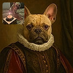 A cute French Bulldog sits patiently on a textured blanket, eyeing a small birthday cake with a lit candle placed on a box. The lighting is dim and cozy, giving the scene a warm, intimate birthday vibe for the doggo.