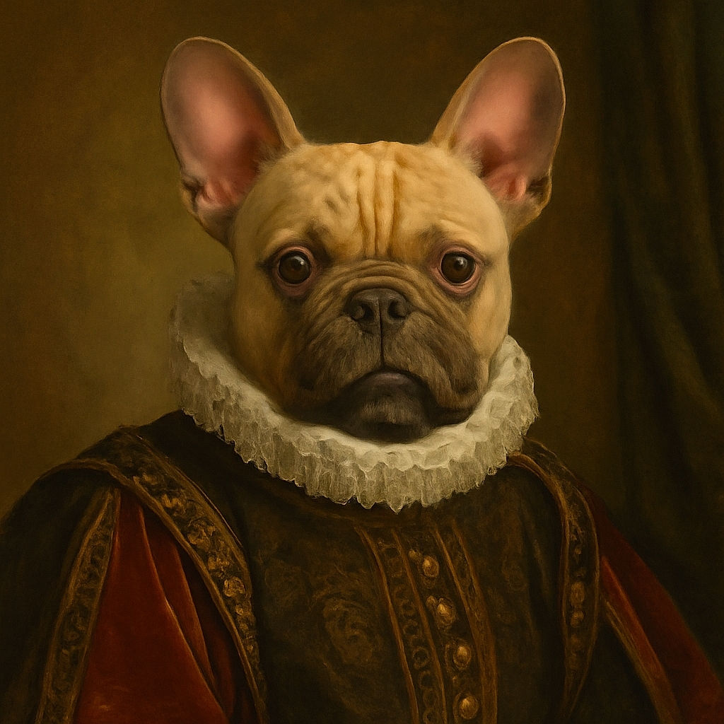 A cute French Bulldog sits patiently on a textured blanket, eyeing a small birthday cake with a lit candle placed on a box. The lighting is dim and cozy, giving the scene a warm, intimate birthday vibe for the doggo.