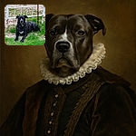 A stoic black dog with a white chest patch lounges on green grass in front of a rusty white metal gate, looking like the neighborhood's unofficial guard dog on duty.
