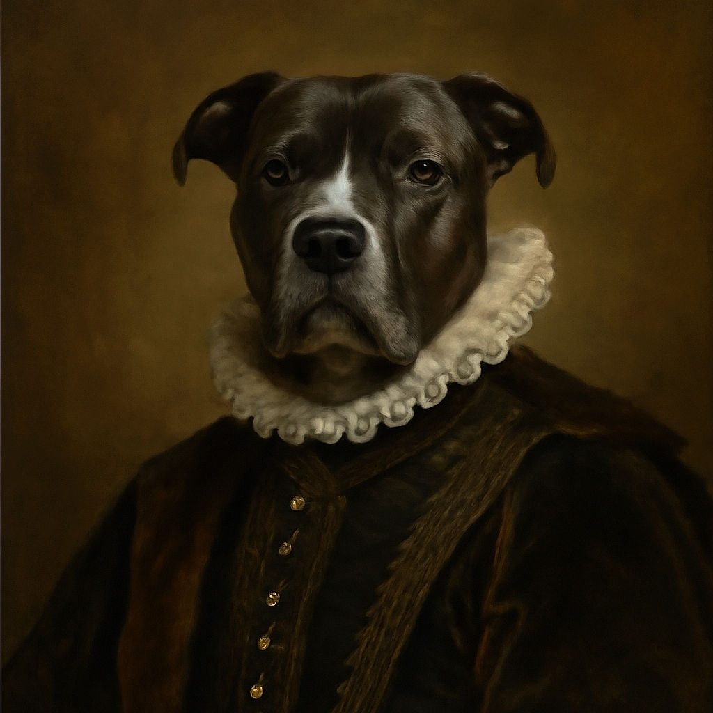 A stoic black dog with a white chest patch lounges on green grass in front of a rusty white metal gate, looking like the neighborhood's unofficial guard dog on duty.