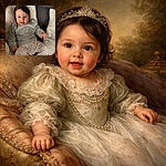 A delighted baby lounges in a cloud of fluffy pillows on a gray couch, grinning with a tiny tongue-out smile and reaching out with chubby hands — cozy pajamas and an embroidered top finish this irresistibly snug portrait.