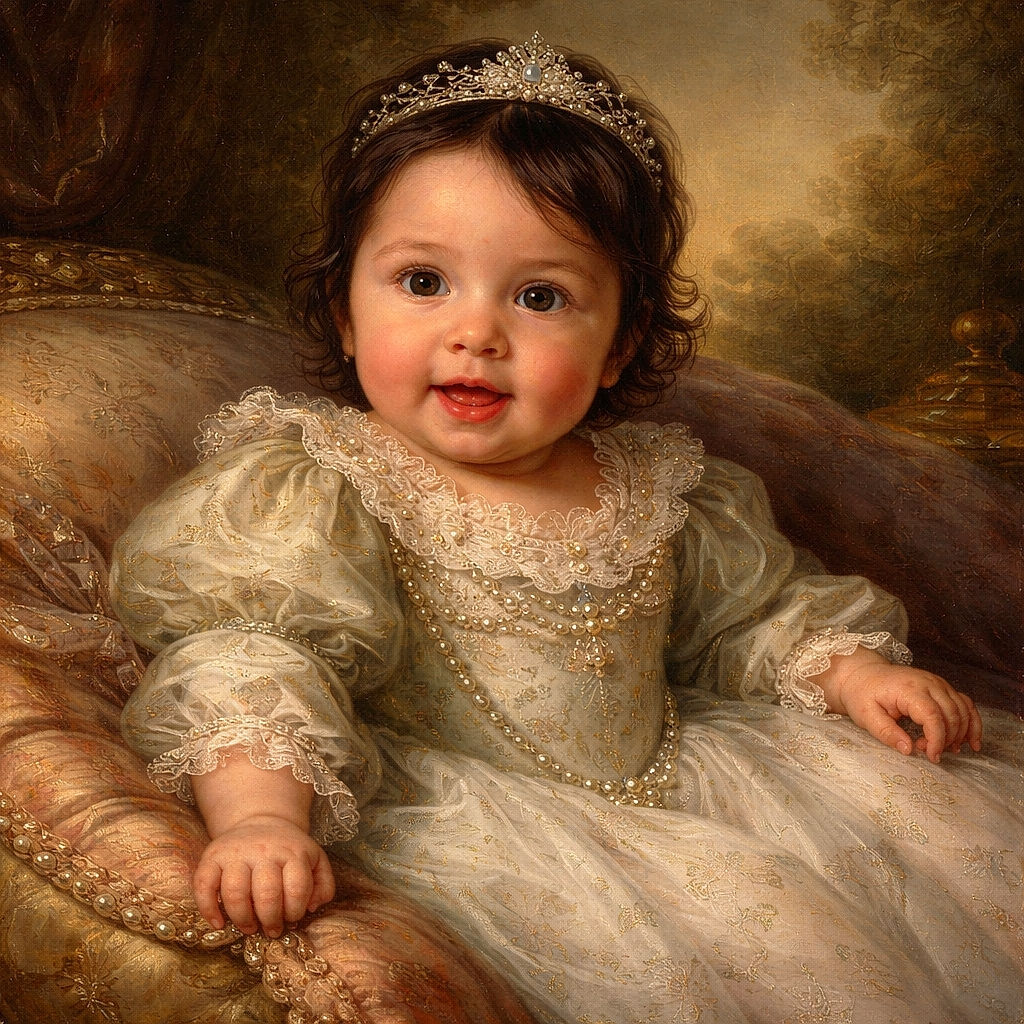 A delighted baby lounges in a cloud of fluffy pillows on a gray couch, grinning with a tiny tongue-out smile and reaching out with chubby hands — cozy pajamas and an embroidered top finish this irresistibly snug portrait.