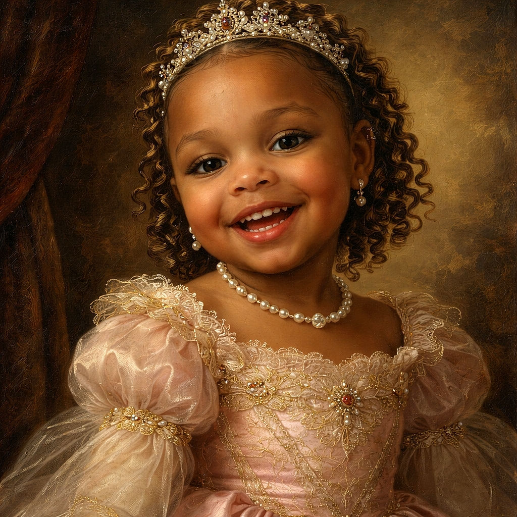 A gleeful toddler takes an enthusiastic low-angle selfie while an adult peeks in from above under a bright ceiling light — hair beads catching the glow, big toothy smile front and center, and a casual sleeve/arm cameo at the side. The scene is warm, candid, and full of playful family energy (plus a dramatic lamp flare).