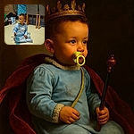 A curious toddler in blue pajamas sits cross-legged on a tiled floor, pacifier in mouth, holding a pair of glasses and a small object, surrounded by cozy home furniture and a slightly cluttered background.