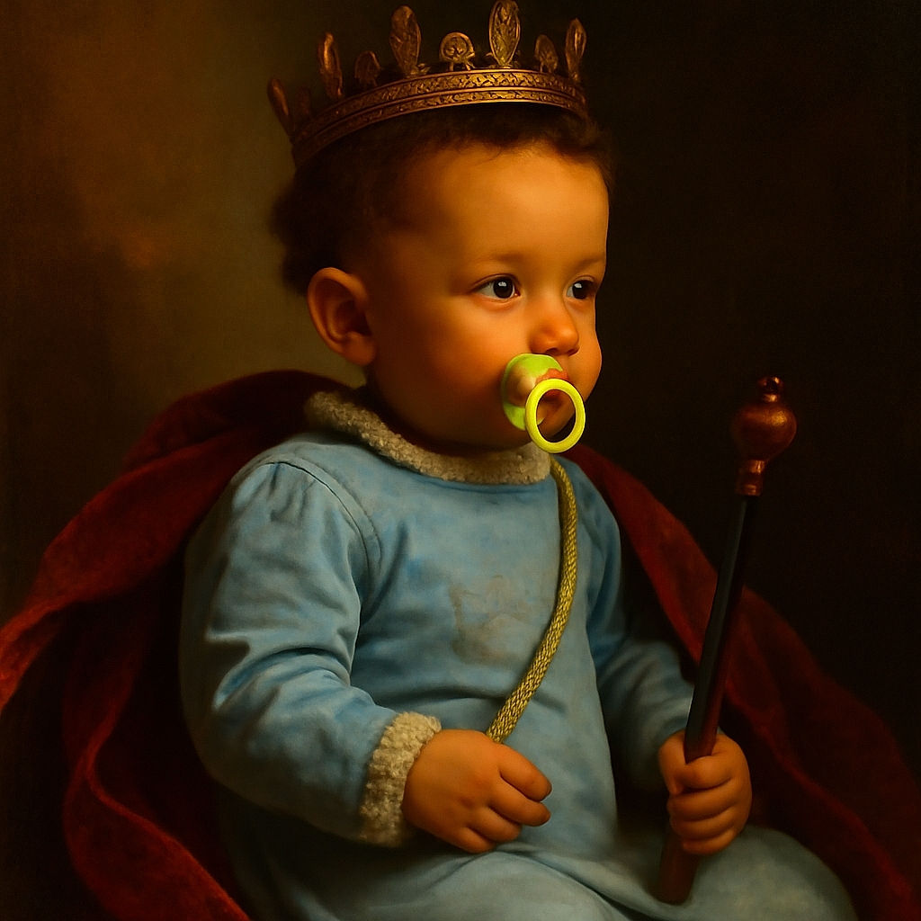 A curious toddler in blue pajamas sits cross-legged on a tiled floor, pacifier in mouth, holding a pair of glasses and a small object, surrounded by cozy home furniture and a slightly cluttered background.