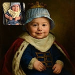 A chubby-cheeked baby wearing a striped blue and white sunhat and matching outfit sits comfortably in a stroller, clutching a soft beige bib with a curious and happy expression.