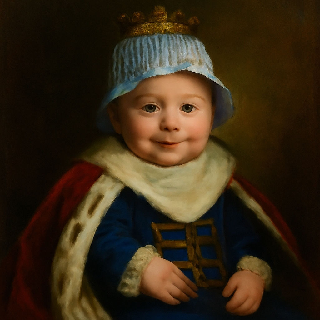 A chubby-cheeked baby wearing a striped blue and white sunhat and matching outfit sits comfortably in a stroller, clutching a soft beige bib with a curious and happy expression.