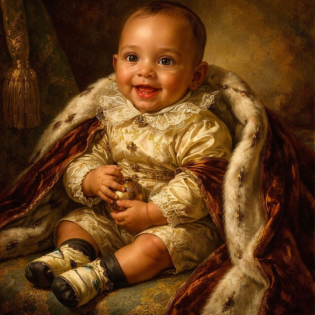 A joyful baby with a bright smile is sitting comfortably on an adult's lap, wrapped in a cozy blanket, wearing playful socks and a white shirt, while the adult holds the child gently. The background shows a patterned chair and a table with papers, creating a warm and candid indoor scene.