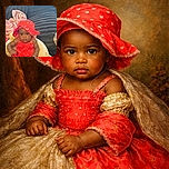 A cute baby dressed in a bright red outfit and matching hat sits in a baby chair, looking intently at the camera with big curious eyes. The background features a cozy gray textured blanket and a soft pink blanket, creating a warm and comfy atmosphere.