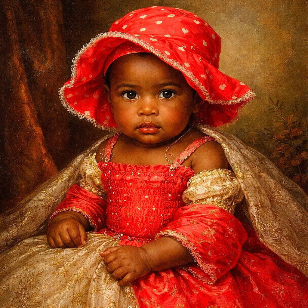 A cute baby dressed in a bright red outfit and matching hat sits in a baby chair, looking intently at the camera with big curious eyes. The background features a cozy gray textured blanket and a soft pink blanket, creating a warm and comfy atmosphere.