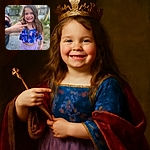 A cheerful young girl with wet hair, proudly pointing at a tiny object on her finger, flashing a big gap-toothed smile while standing outdoors in casual colorful summer clothes.