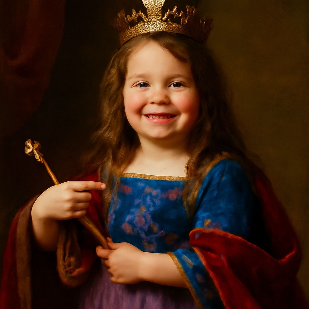 A cheerful young girl with wet hair, proudly pointing at a tiny object on her finger, flashing a big gap-toothed smile while standing outdoors in casual colorful summer clothes.