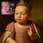 A close-up photo of a baby wearing a pink shirt with a colorful rainbow design, looking curiously at the camera with a soft, cozy blanket in the background. The baby seems relaxed and slightly amused, with one hand raised near the face.