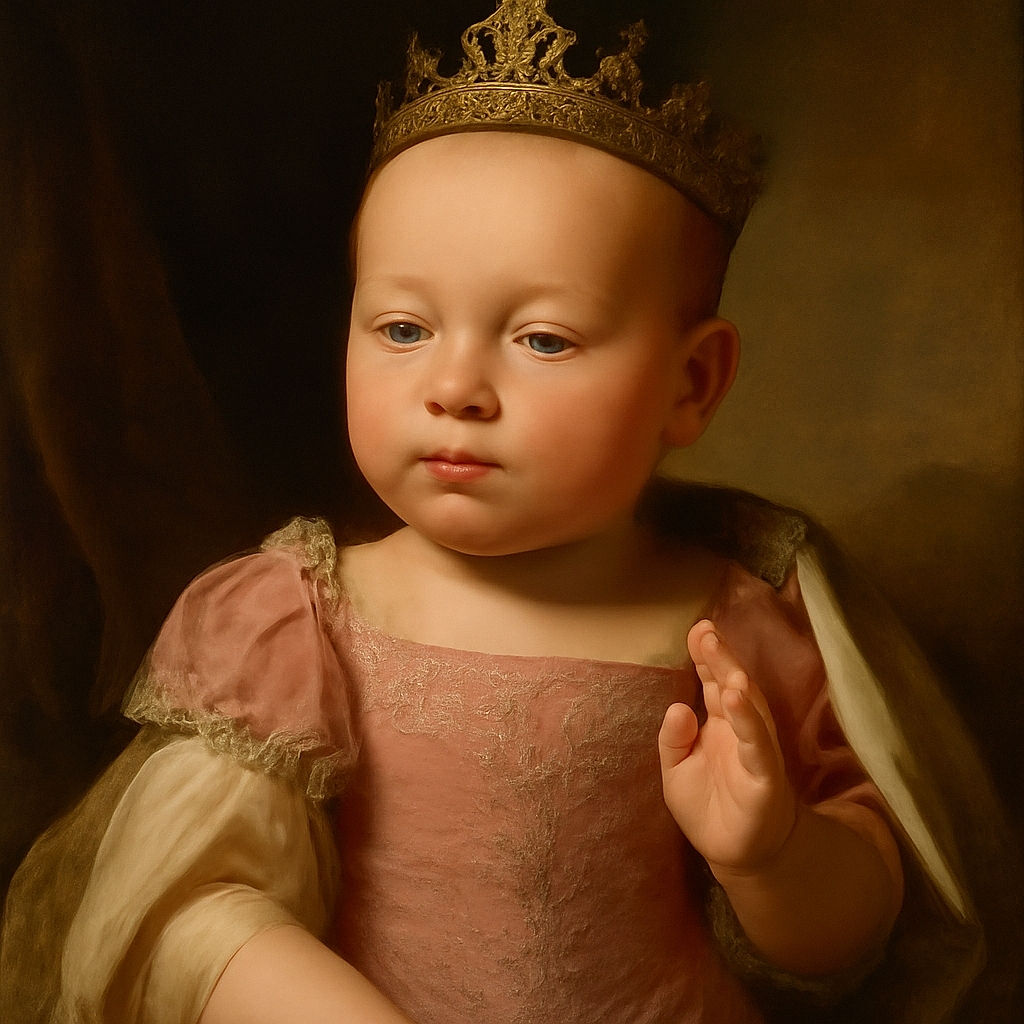 A close-up photo of a baby wearing a pink shirt with a colorful rainbow design, looking curiously at the camera with a soft, cozy blanket in the background. The baby seems relaxed and slightly amused, with one hand raised near the face.