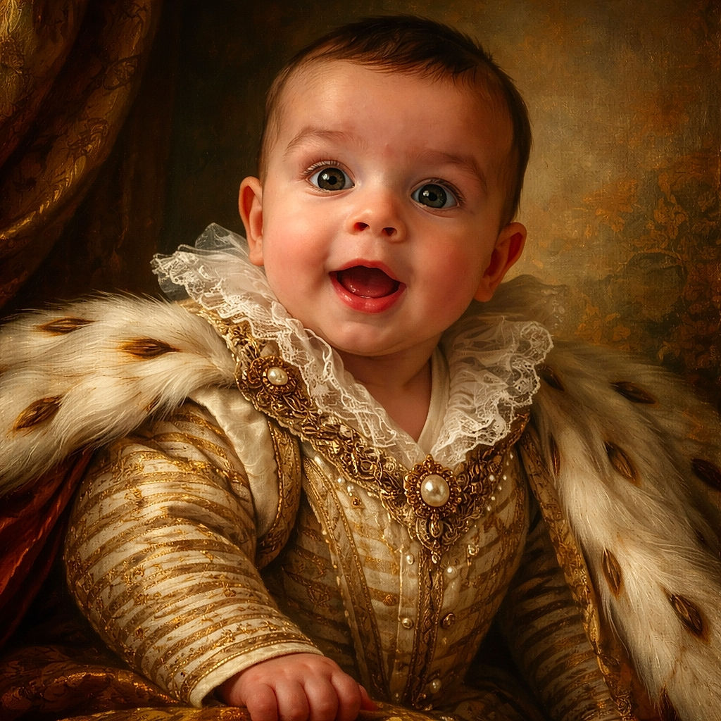 A wide-eyed baby in a striped onesie is propped up on a soft white blanket, surrounded by colorful hanging toys, looking curiously at the camera with an open mouth as if about to say something important.
