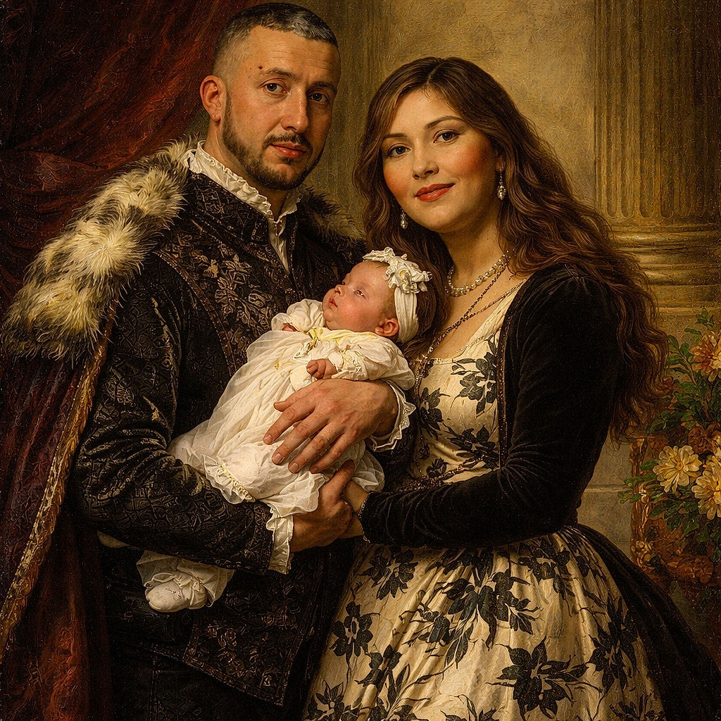 A proud couple stands indoors by a floral arrangement and steps, the man holding a peacefully sleeping baby dressed in white and yellow, while the woman smiles warmly in a floral dress and black cardigan, creating a cozy family moment in a softly lit setting.