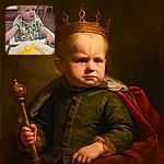 A toddler sporting a vibrant tropical shirt sits in a high chair with a slightly confused or unimpressed expression, food crumbs on his face, and a plate of egg and fries in front of him. The background shows a casual dining setting with red chairs and framed pictures on the wall.