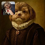 A fluffy brown dog with a pink collar featuring a ladybug tag sits on a dark couch while a hand reaches in to hold the tag, creating a cozy and charming moment indoors.