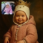 A cute baby dressed in a fluffy pink jacket and a whimsical cat-themed hat is being held up near the open trunk of a car. The baby smiles sweetly, with sparkling blue eyes, against a backdrop of a serene outdoor scene with trees and a road.