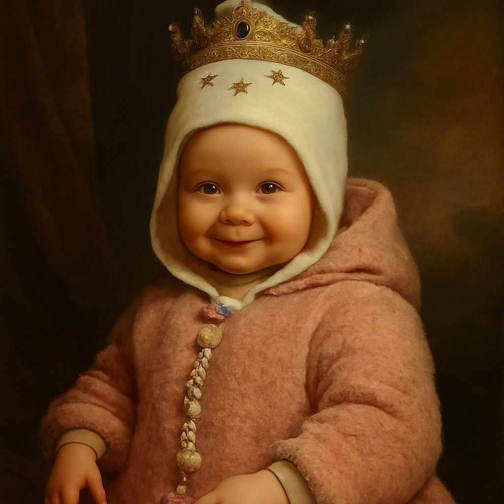 A cute baby dressed in a fluffy pink jacket and a whimsical cat-themed hat is being held up near the open trunk of a car. The baby smiles sweetly, with sparkling blue eyes, against a backdrop of a serene outdoor scene with trees and a road.